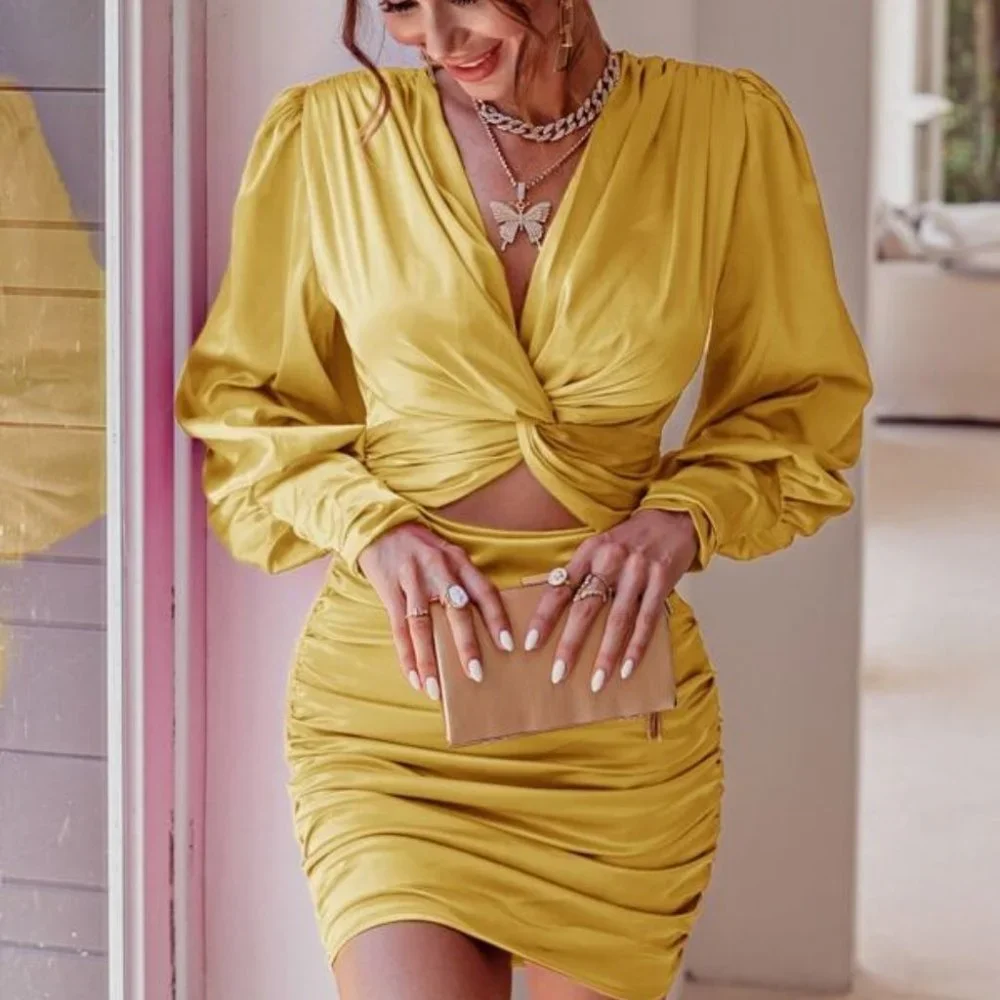 Yellow Satin Ruched Twist Front mini Dress - Picture 5 of 7